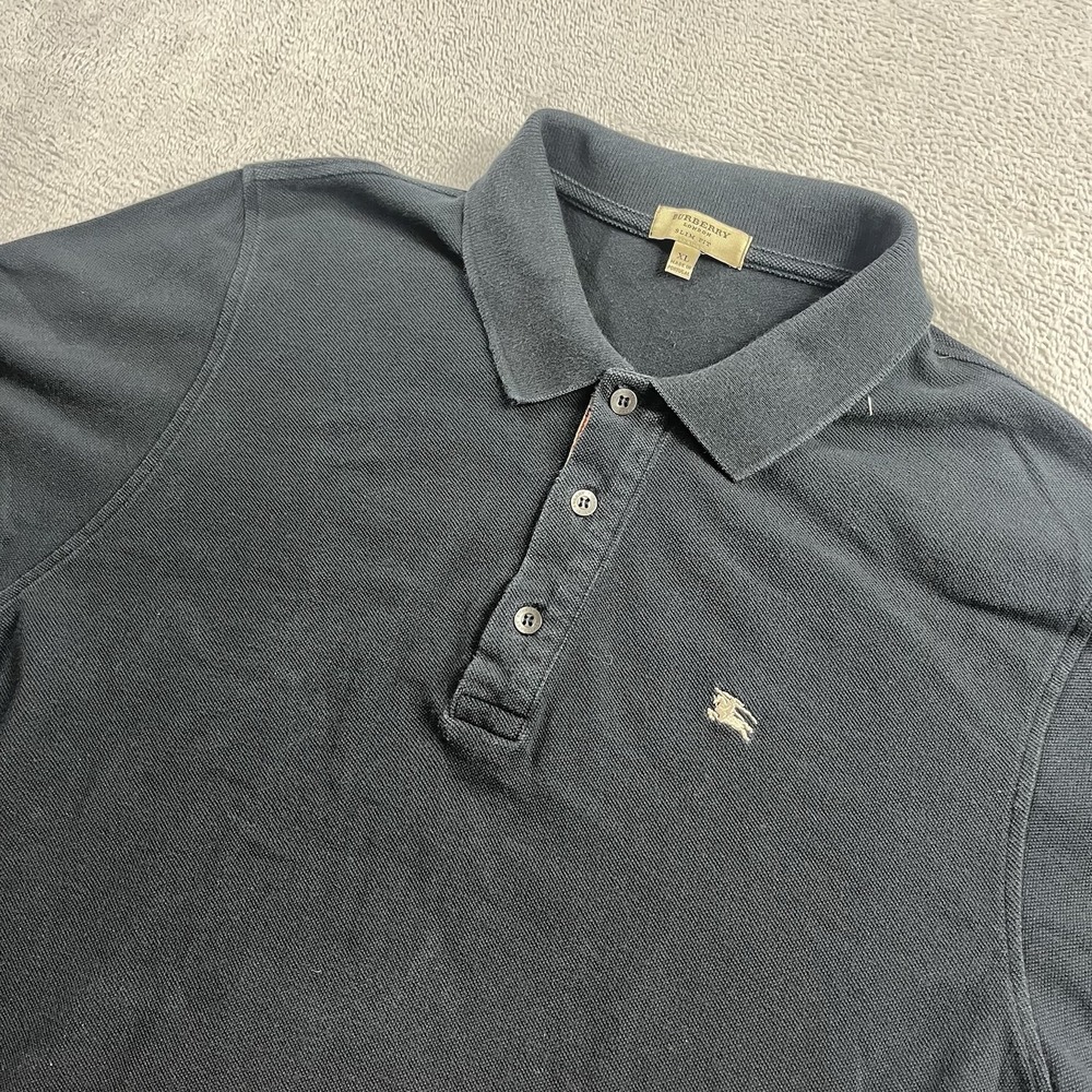 Burberry London Polo Shirt Mens XL Embroidered Long Sleeve Cotton Black Slim Fit
